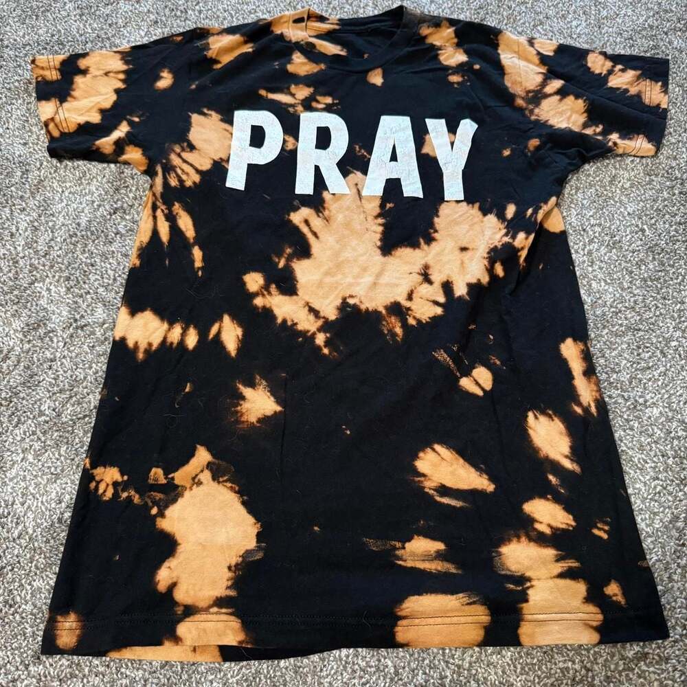 Oversized 'PRAY' Tie-Dye Grunge T-Shirt, Black & Orange Bleach Wash